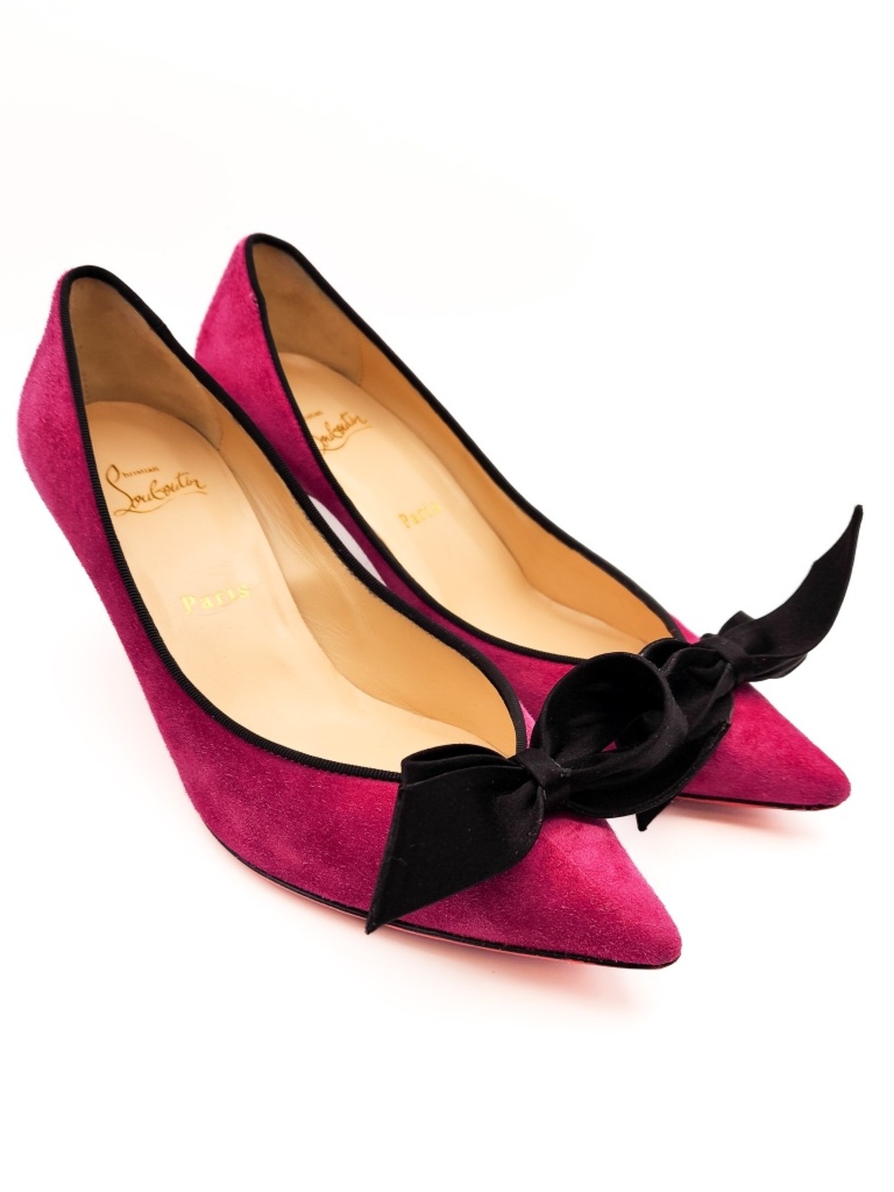 Christian Louboutin Pink Suede Black Satin Bow Mid-Heel Pumps EU 38.5